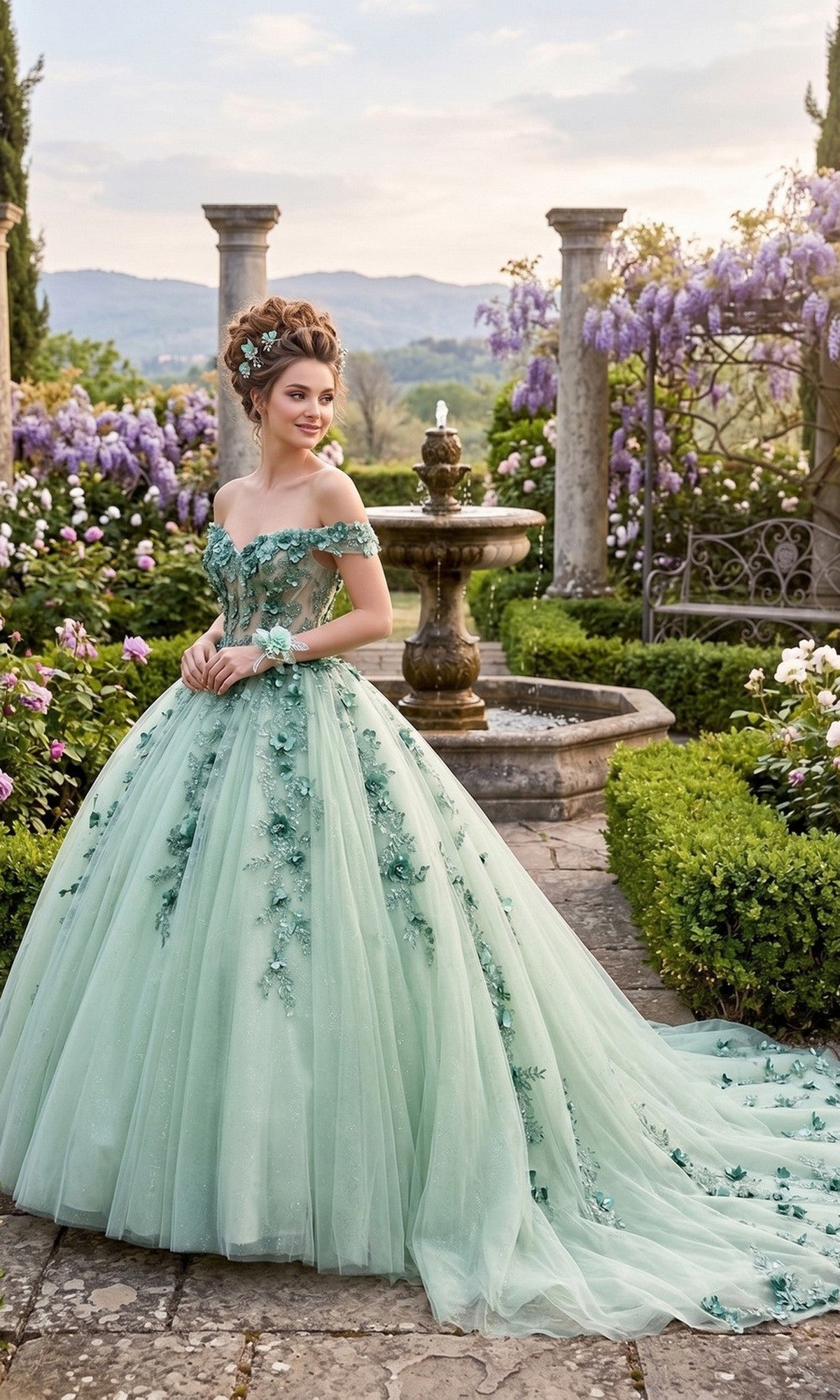 A woman wearing the Sage Quinceanera Dress CHF3102 by Chicas, featuring off-the-shoulder styling and 3D floral appliques, stands in a garden with blooming flowers, stone columns, and a central fountain at sunset.